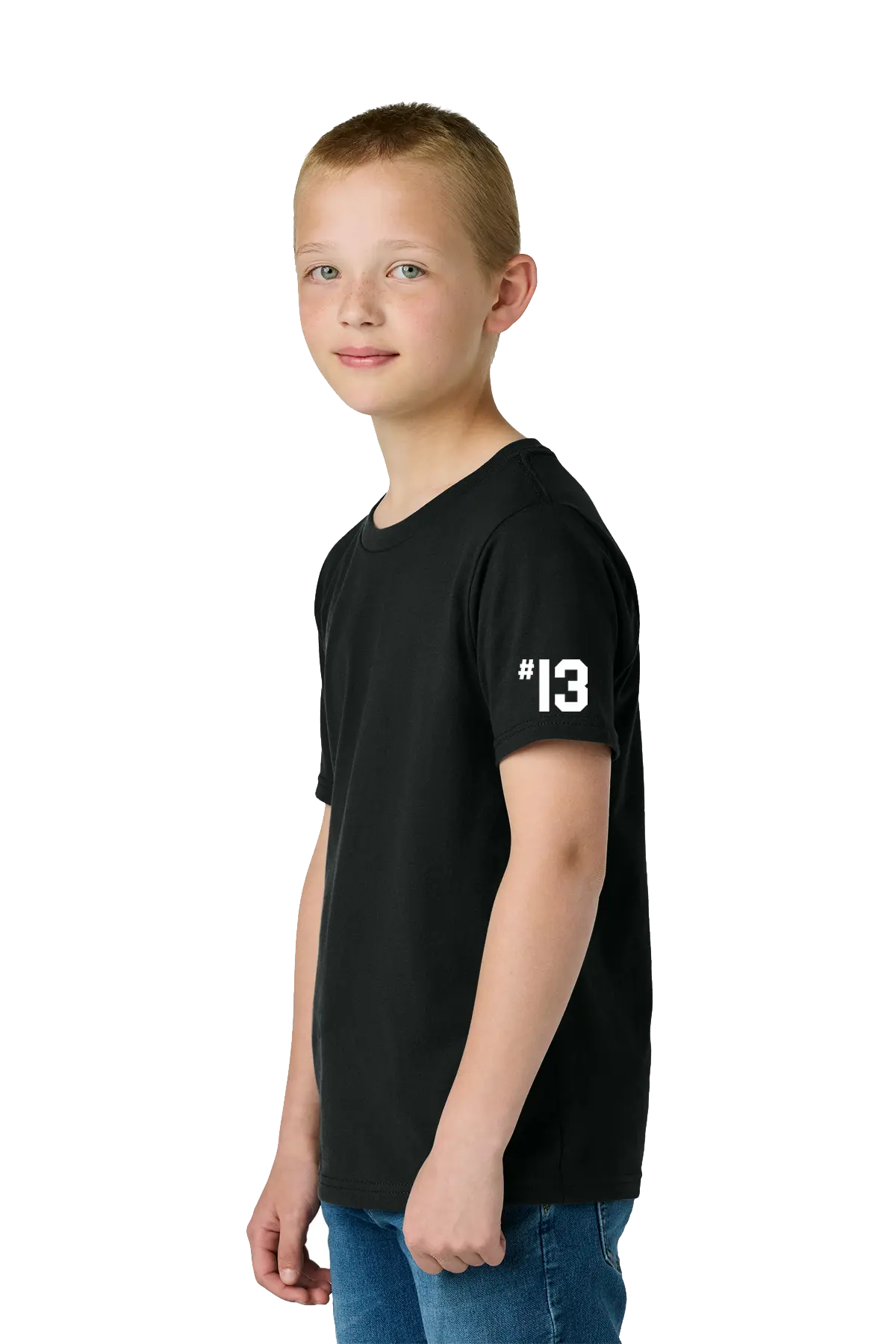 Young boy wearing a black t-shirt with the number 13 on a white background. Paper Street Print Co, Blairstown, NJ.