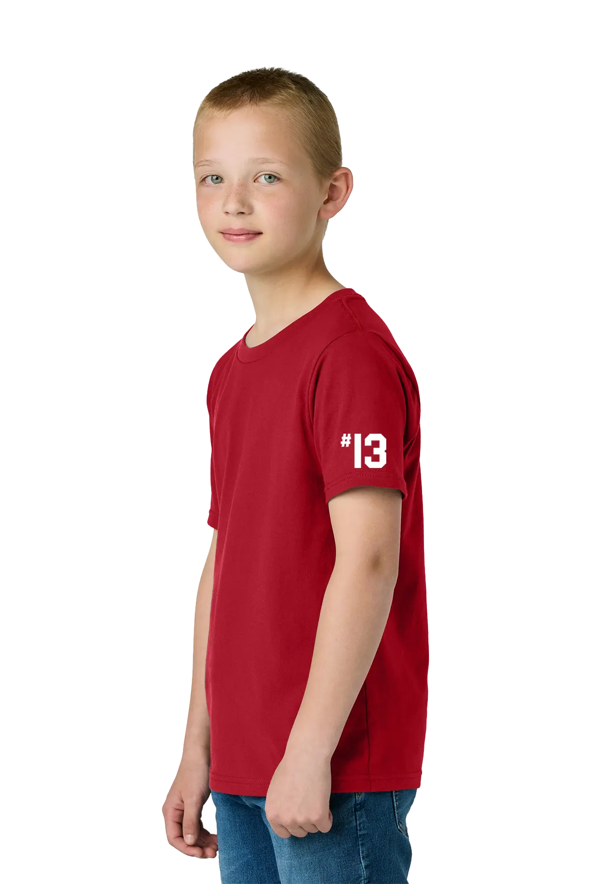 Young boy wearing a red t-shirt with the number 13 on a white background. Paper Street Print Co, Blairstown, NJ.