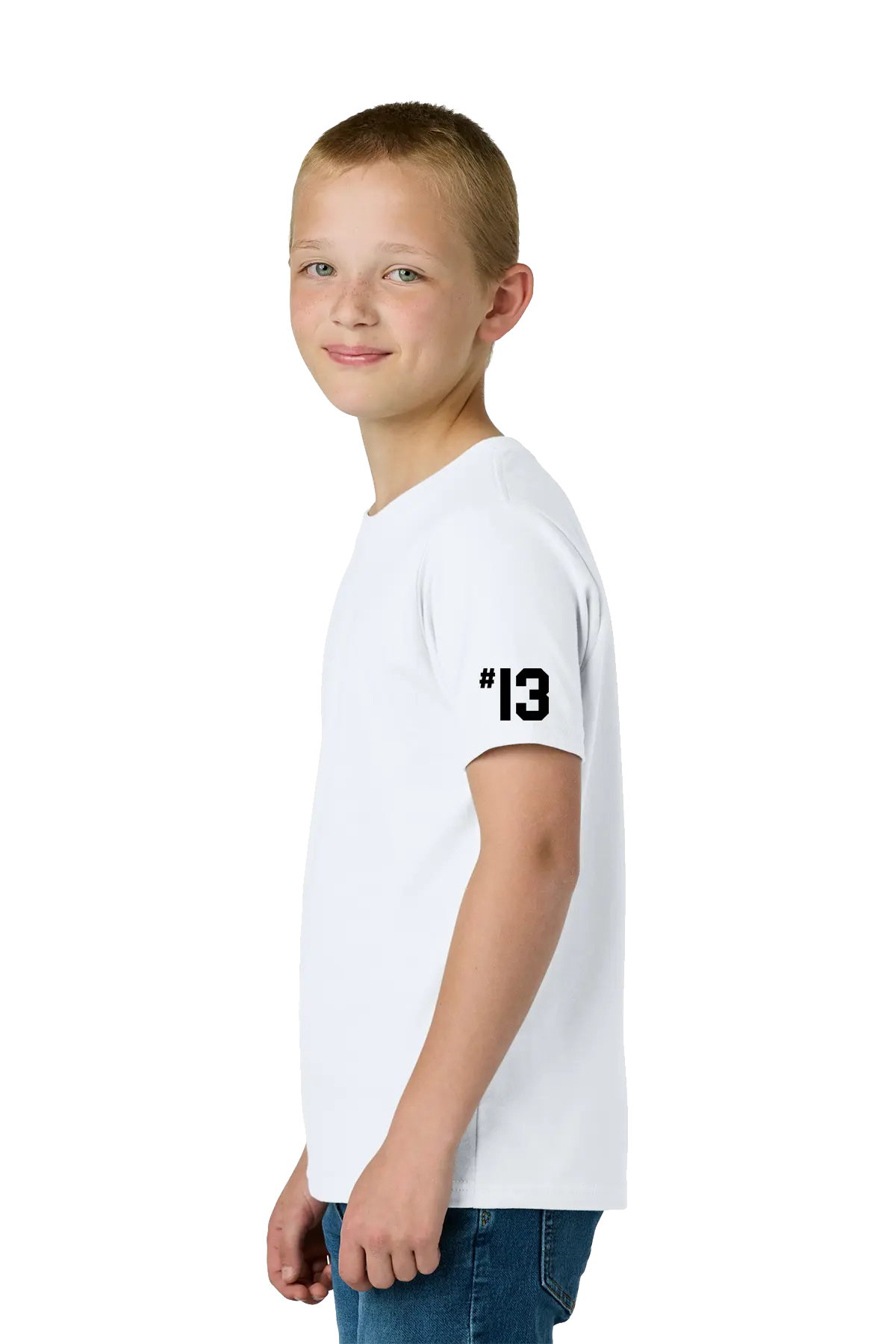 Young boy wearing a white t-shirt with '13' on the sleeve against a white background. Paper Street Print Co, Blairstown, NJ.