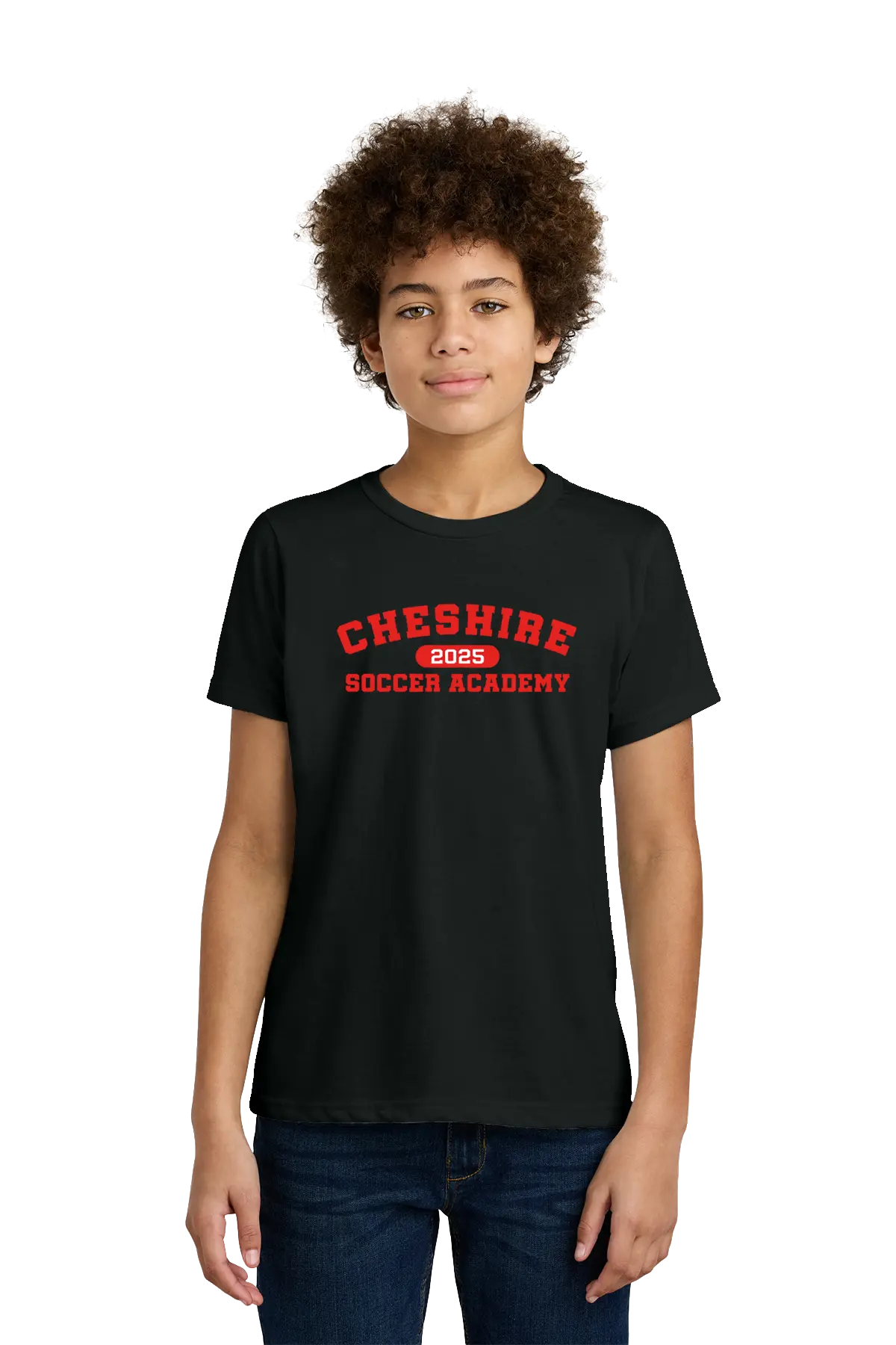 Person wearing a black t-shirt with 'Cheshire Soccer Academy 2023' text on a white background. Paper Street Print Co, Blairstown, NJ.