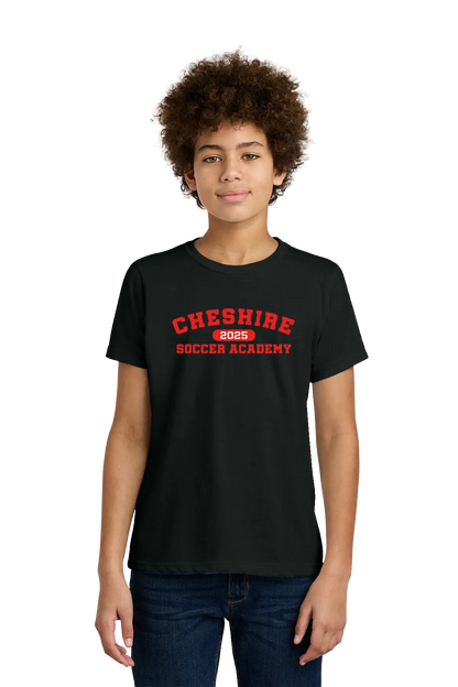 Person wearing a black t-shirt with 'Cheshire Soccer Academy 2023' text on a white background. Paper Street Print Co, Blairstown, NJ.