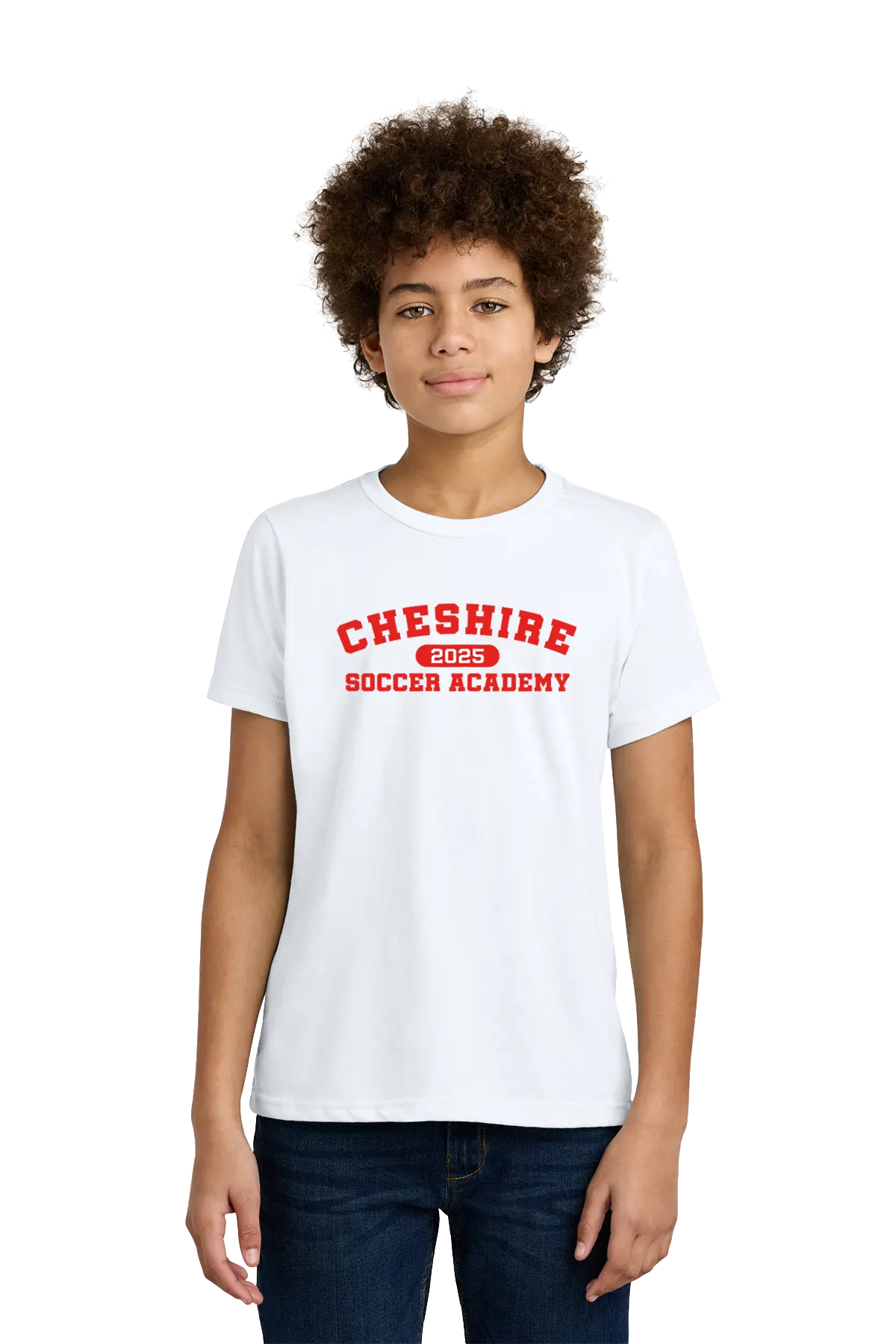 Person wearing a white t-shirt with 'Cheshire Soccer Academy 2023' text on a white background. Paper Street Print Co, Blairstown, NJ.