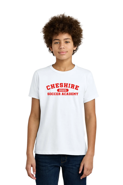 Person wearing a white t-shirt with 'Cheshire Soccer Academy 2023' text on a white background. Paper Street Print Co, Blairstown, NJ.
