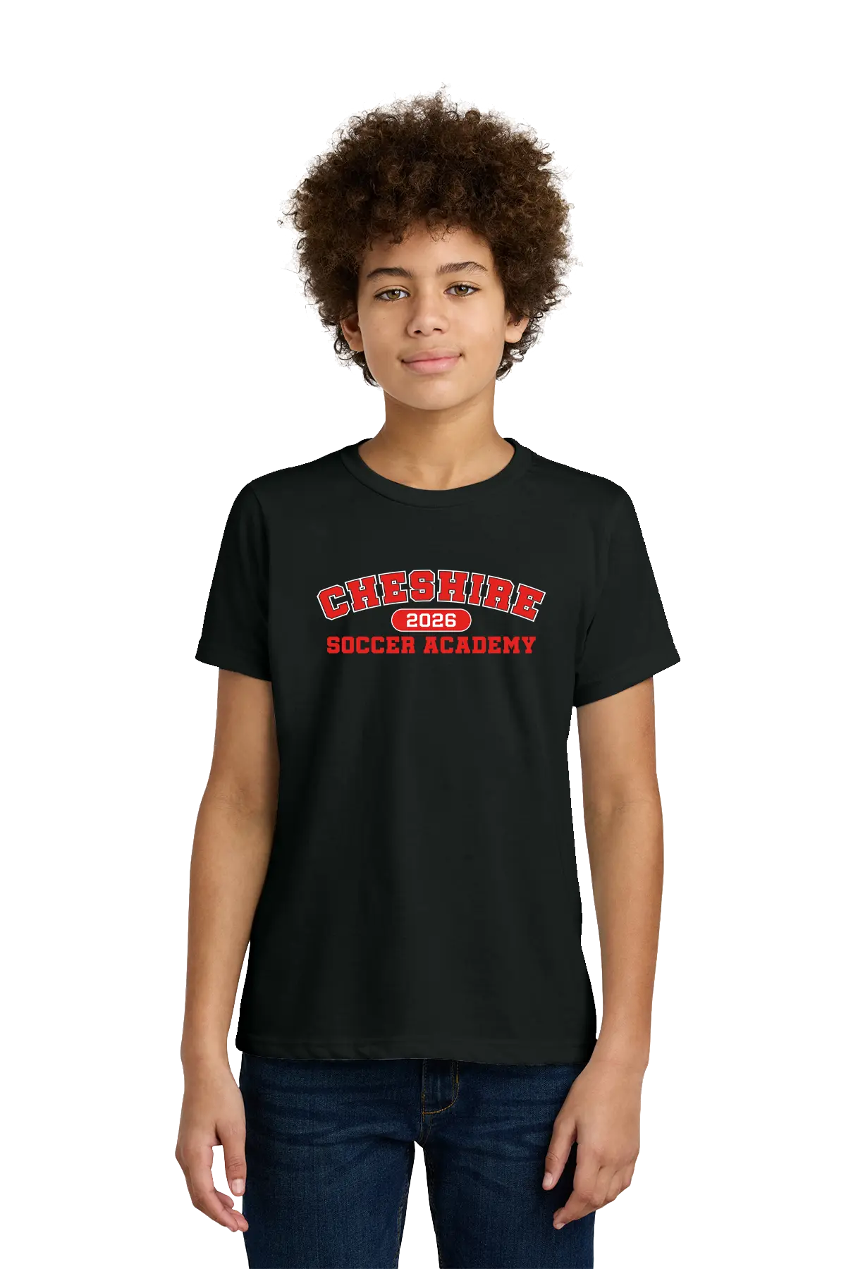 Person wearing a black t-shirt with 'Cheshire Soccer Academy' text on a white background. Paper Street Print Co, Blairstown, NJ.