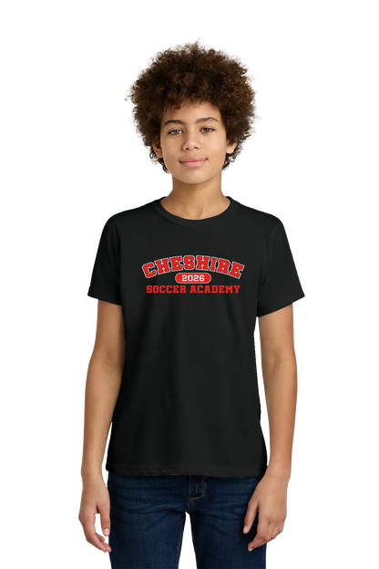 Person wearing a black t-shirt with 'Cheshire Soccer Academy' text on a white background. Paper Street Print Co, Blairstown, NJ.