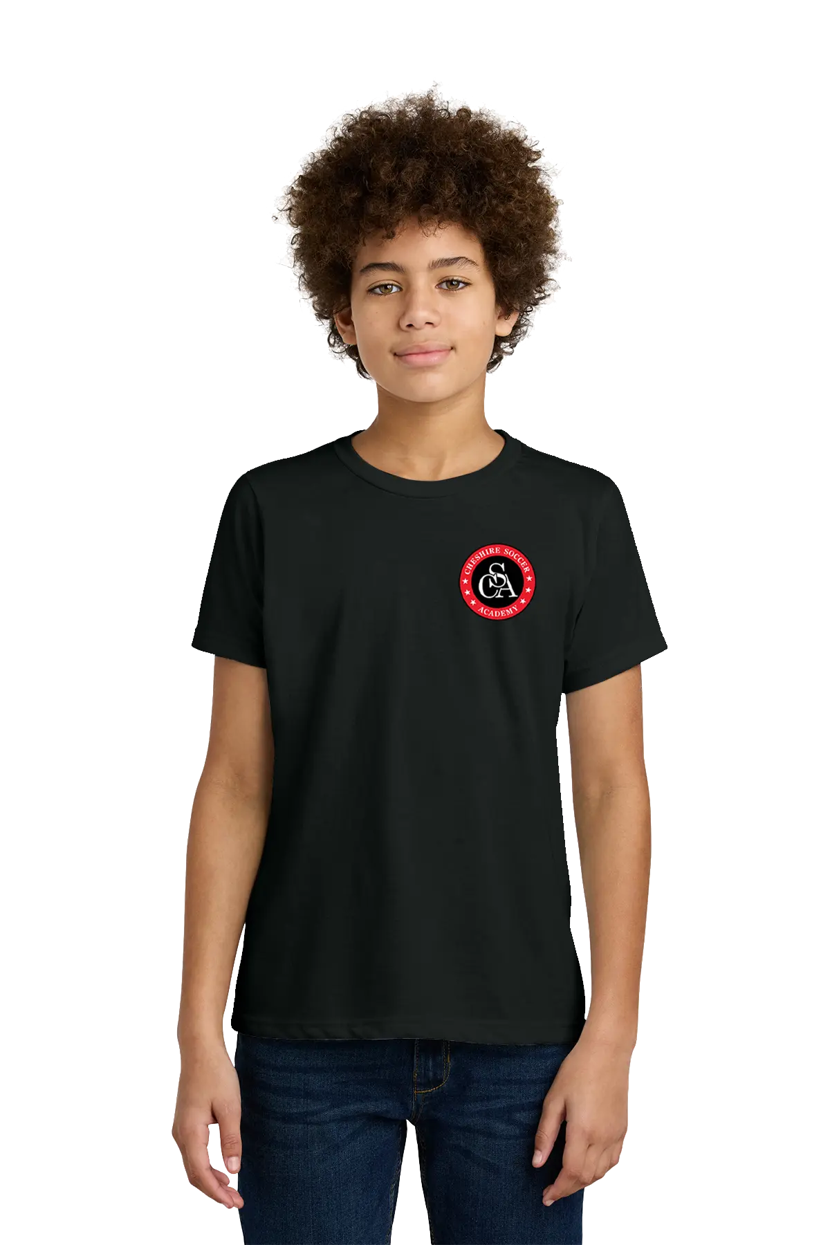 Person wearing a white t-shirt with a red and black logo on a white background. Paper Street Print Co, Blairstown, NJ.