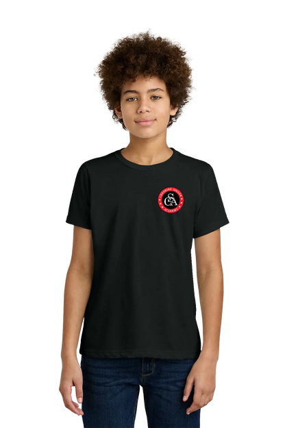 Person wearing a white t-shirt with a red and black logo on a white background. Paper Street Print Co, Blairstown, NJ.