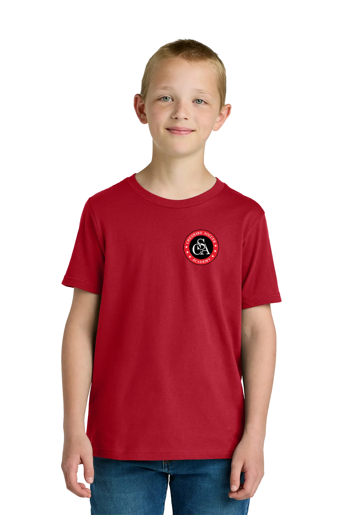 Child wearing a red t-shirt with a logo on a white background. Paper Street Print Co, Blairstown, NJ.