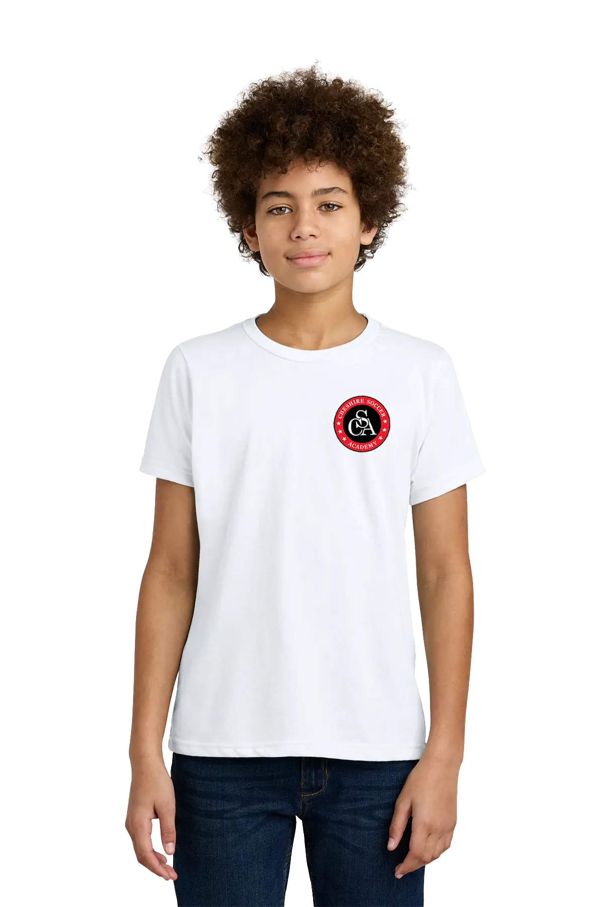 Person wearing a white t-shirt with a red and black logo on a white background. Paper Street Print Co, Blairstown, NJ.