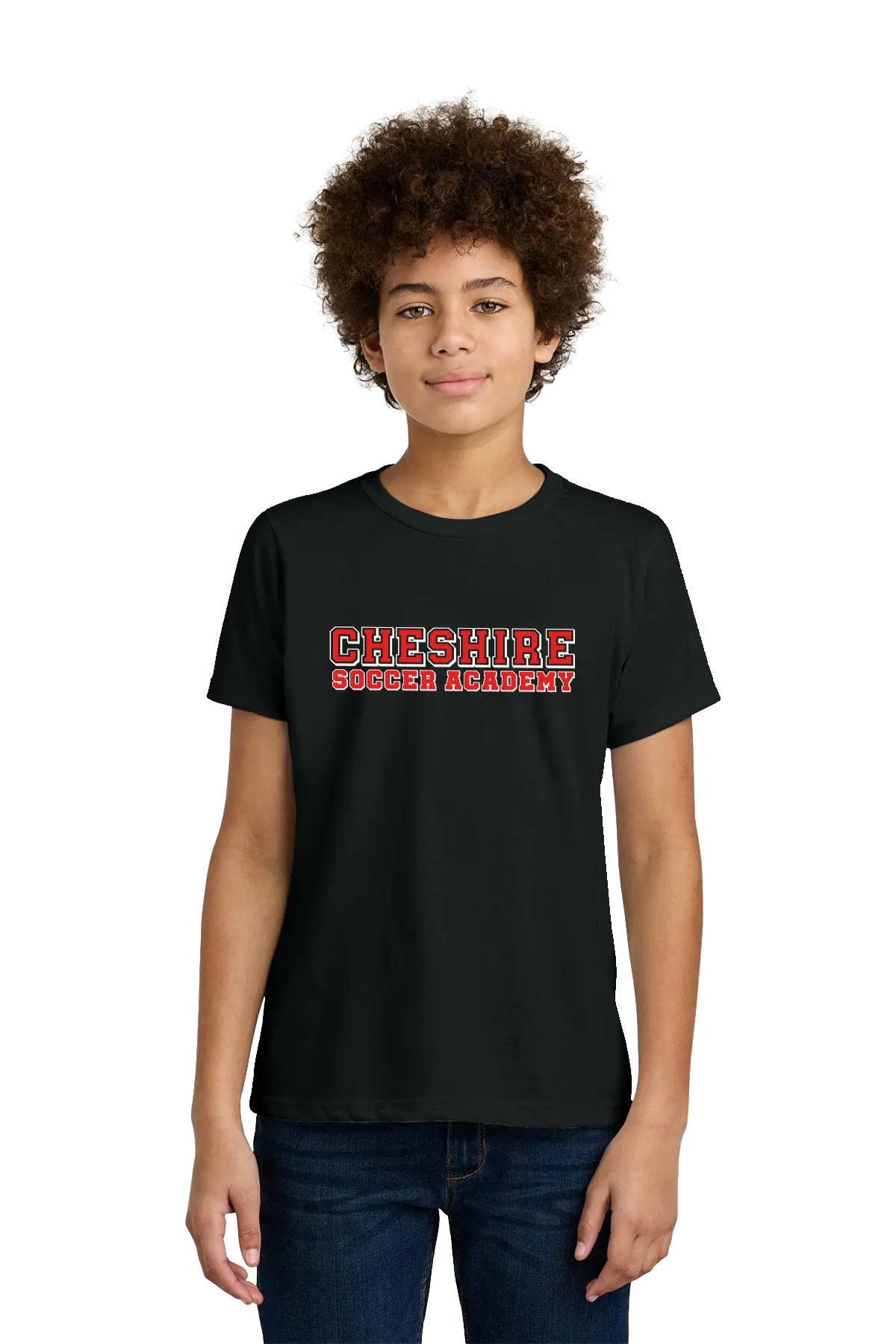 Person wearing a black t-shirt with 'Cheshire Soccer Academy' text on a white background. Paper Street Print Co, Blairstown, NJ.