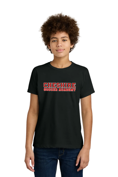Person wearing a black t-shirt with 'Cheshire Soccer Academy' text on a white background. Paper Street Print Co, Blairstown, NJ.