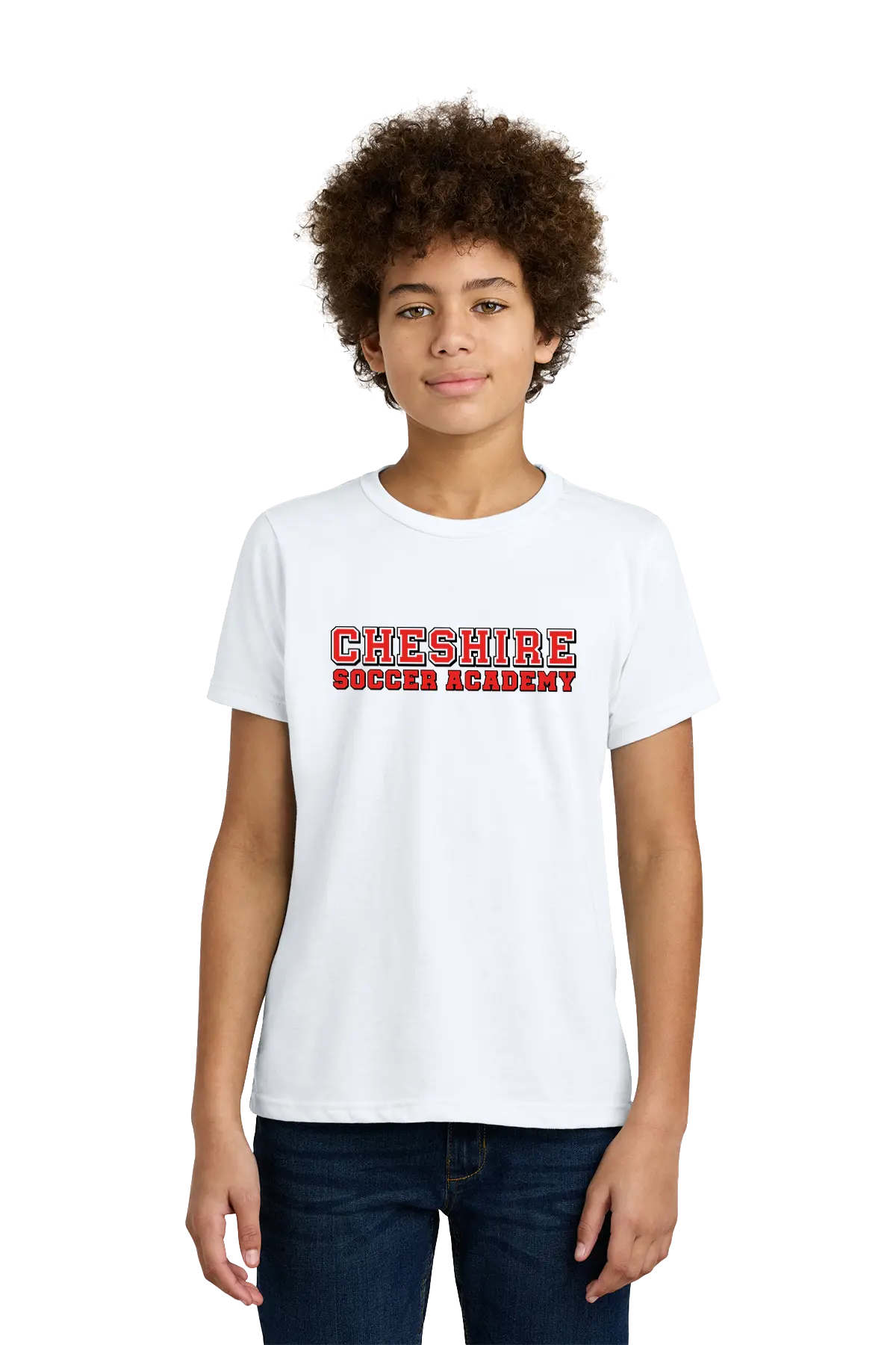 Person wearing a white t-shirt with 'Cheshire Soccer Academy' text on a white background. Paper Street Print Co, Blairstown, NJ.