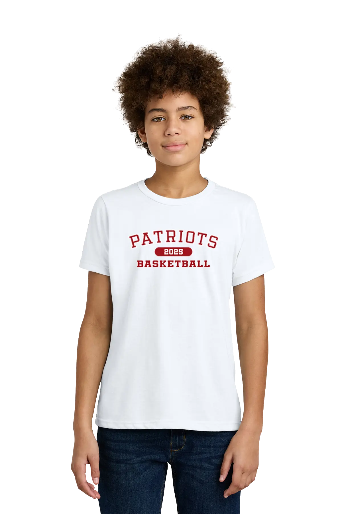 Person wearing a white t-shirt with 'Patriots Basketball' text on a white background. Paper Street Print Co, Blairstown, NJ.