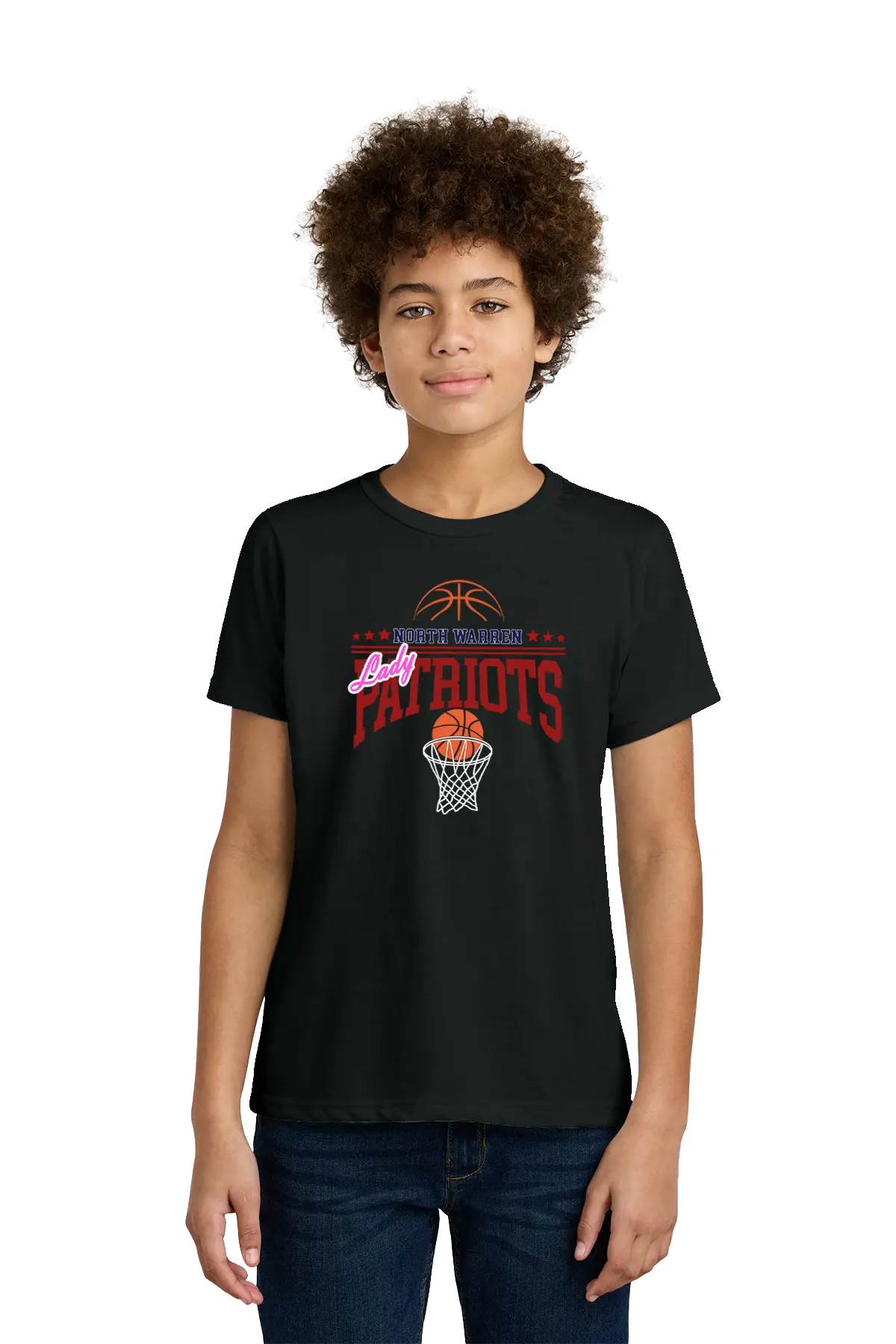 Person wearing a black t-shirt with sports-themed design on a white background. Paper Street Print Co, Blairstown, NJ.