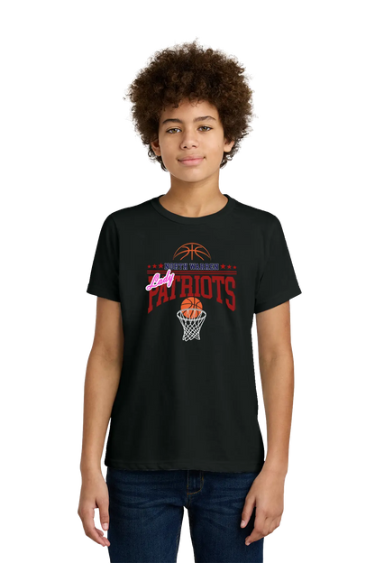 Person wearing a black t-shirt with sports-themed design on a white background. Paper Street Print Co, Blairstown, NJ.