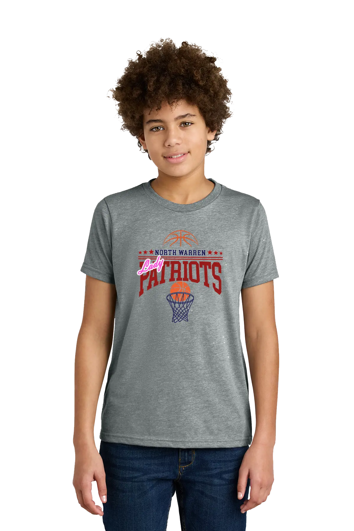 Person wearing a gray t-shirt with 'Patriots' design on a white background. Paper Street Print Co, Blairstown, NJ.