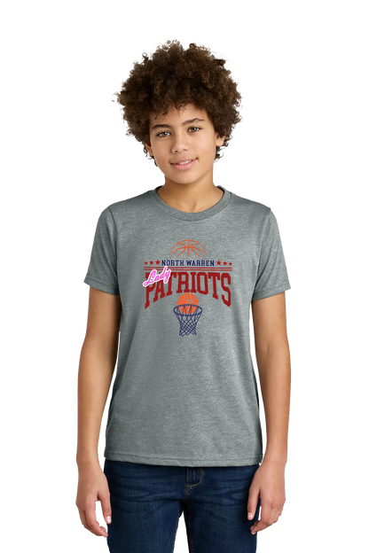 Person wearing a gray t-shirt with 'Patriots' design on a white background. Paper Street Print Co, Blairstown, NJ.