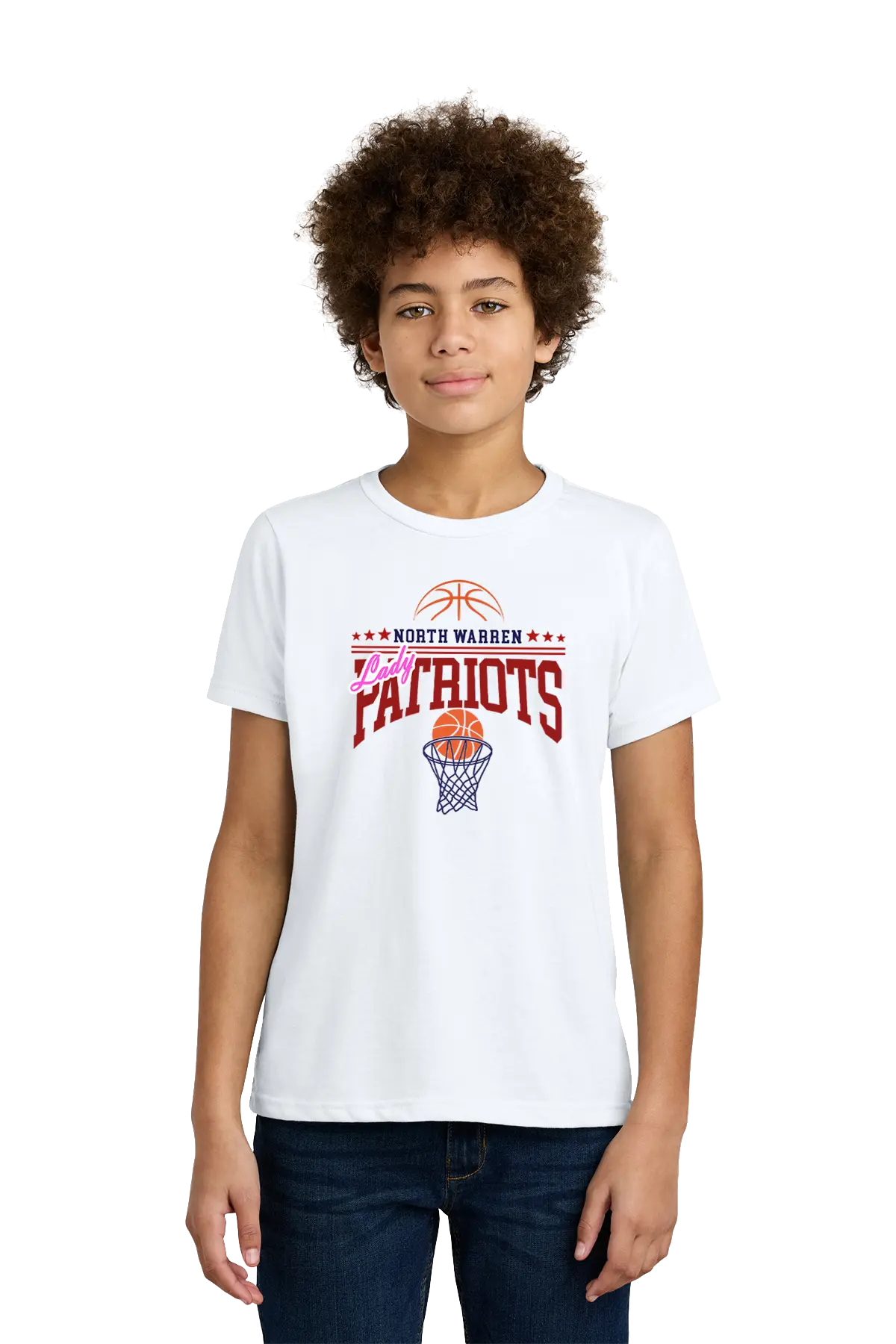 Person wearing a white t-shirt with 'North Warren Patriots' basketball design on a white background. Paper Street Print Co, Blairstown, NJ.