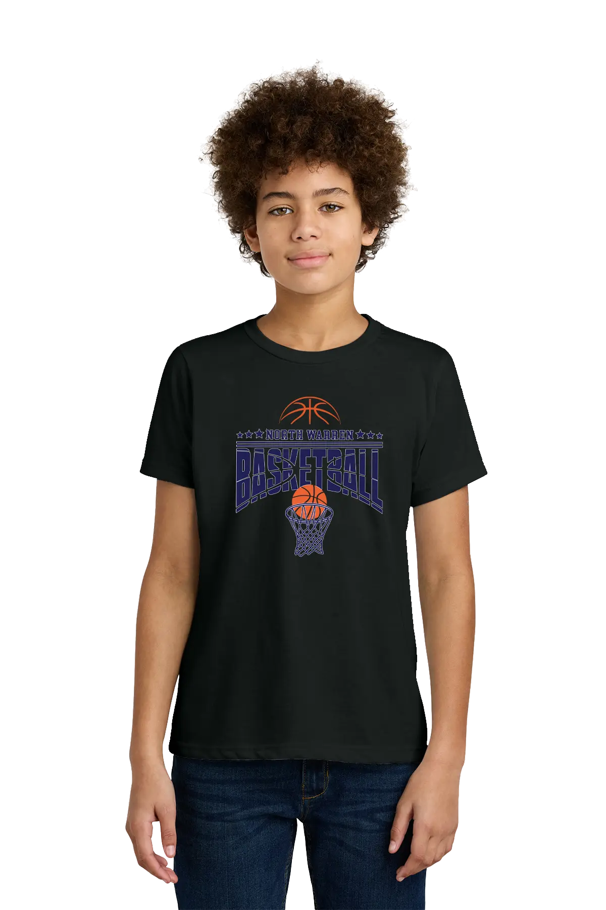 Person wearing a black t-shirt with basketball graphics on a white background. Paper Street Print Co, Blairstown, NJ.
