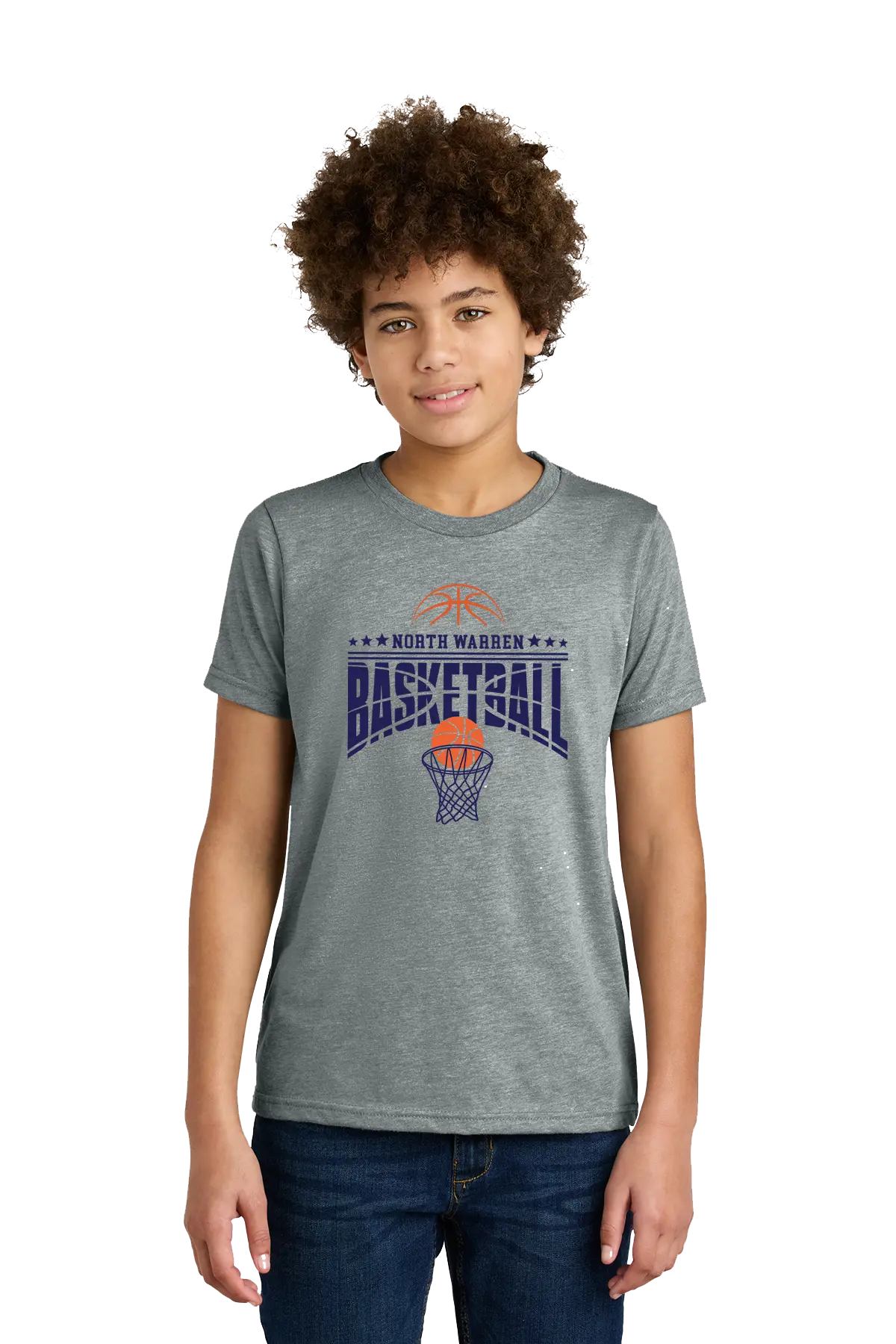 Person wearing a gray t-shirt with 'North Warren Basketball' design on a white background. Paper Street Print Co, Blairstown, NJ.