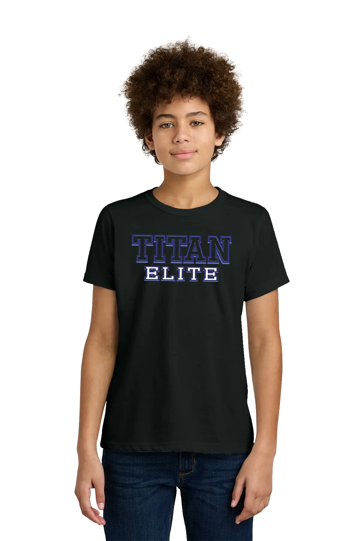 Person wearing a black t-shirt with 'TITAN ELITE' text on a white background. Paper Street Print Co, Blairstown, NJ.