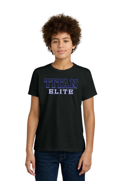 Person wearing a black t-shirt with 'TITAN ELITE' text on a white background. Paper Street Print Co, Blairstown, NJ.