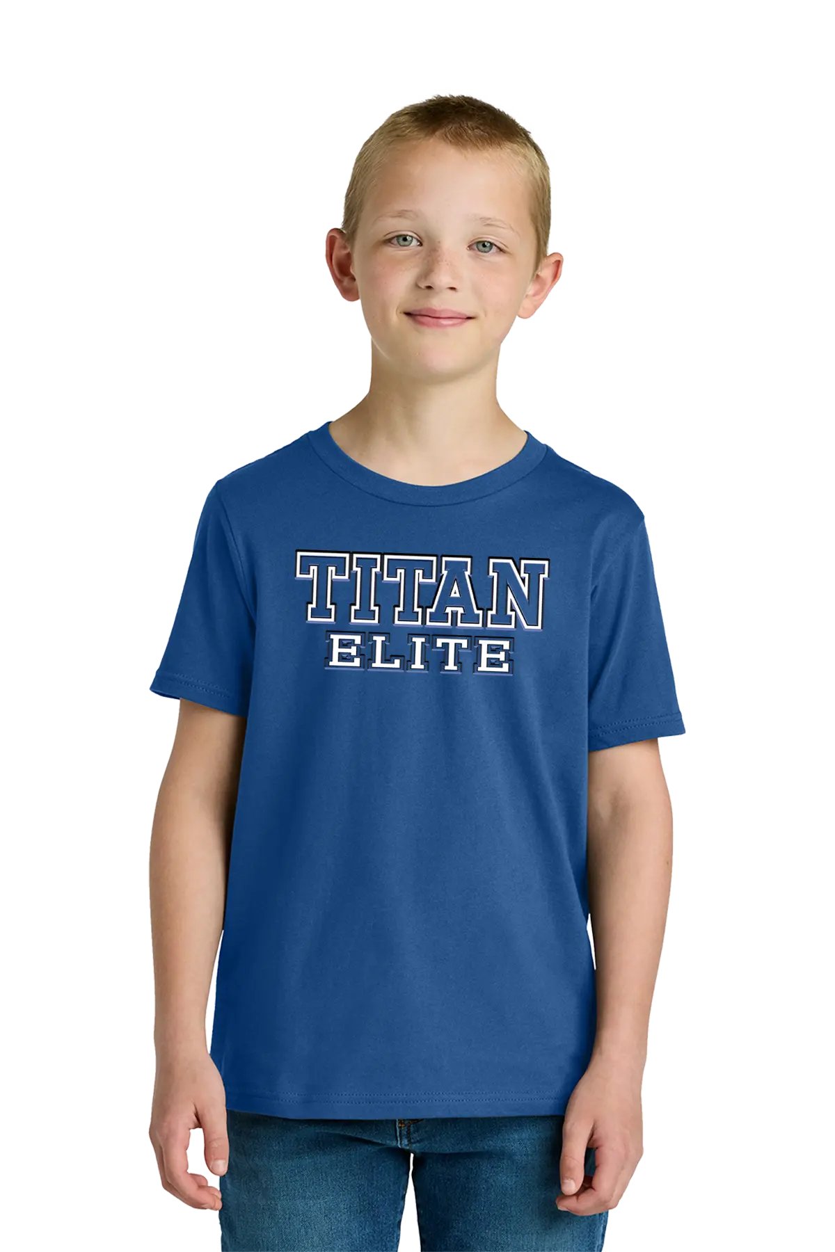 Child wearing a blue 'TITAN ELITE' t-shirt on a white background. Paper Street Print Co, Blairstown, NJ.