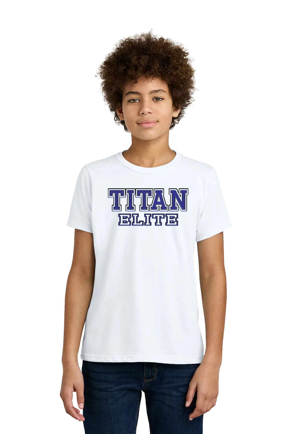 Person wearing a white t-shirt with 'TITAN ELITE' text on a white background. Paper Street Print Co, Blairstown, NJ.