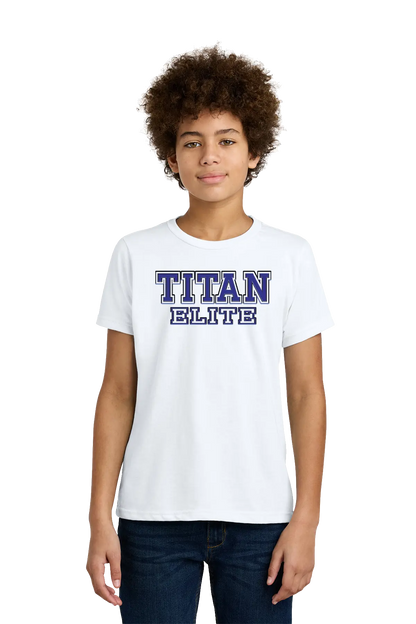 Person wearing a white t-shirt with 'TITAN ELITE' text on a white background. Paper Street Print Co, Blairstown, NJ.