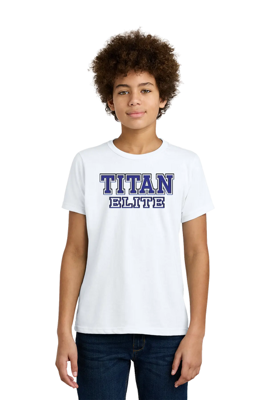 Person wearing a white t-shirt with 'TITAN ELITE' text on a white background. Paper Street Print Co, Blairstown, NJ.