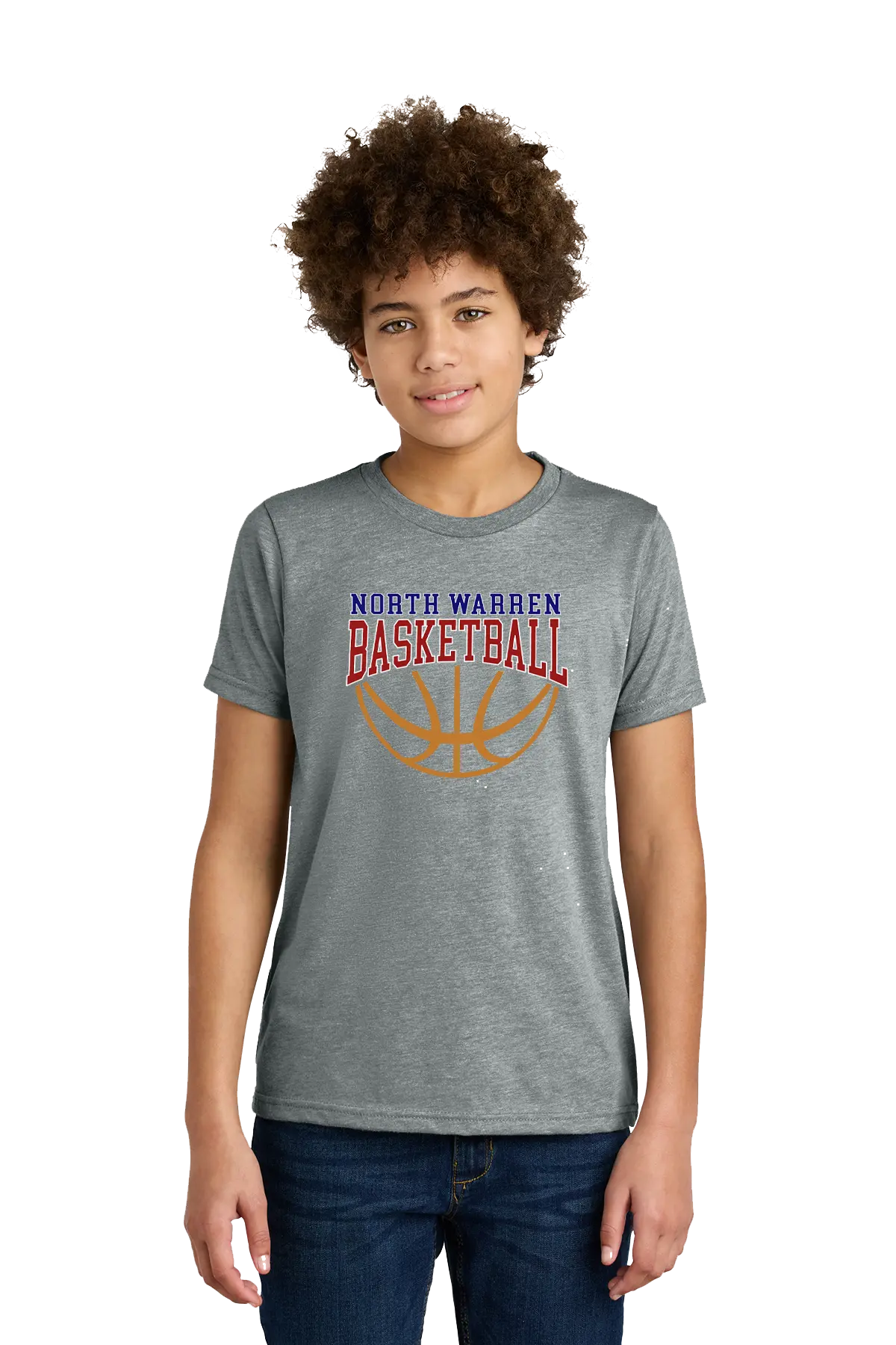 Person wearing a gray t-shirt with 'North Warren Basketball' design on a white background. Paper Street Print Co, Blairstown, NJ.