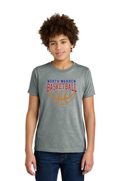 Person wearing a gray t-shirt with 'North Warren Basketball' design on a white background. Paper Street Print Co, Blairstown, NJ.