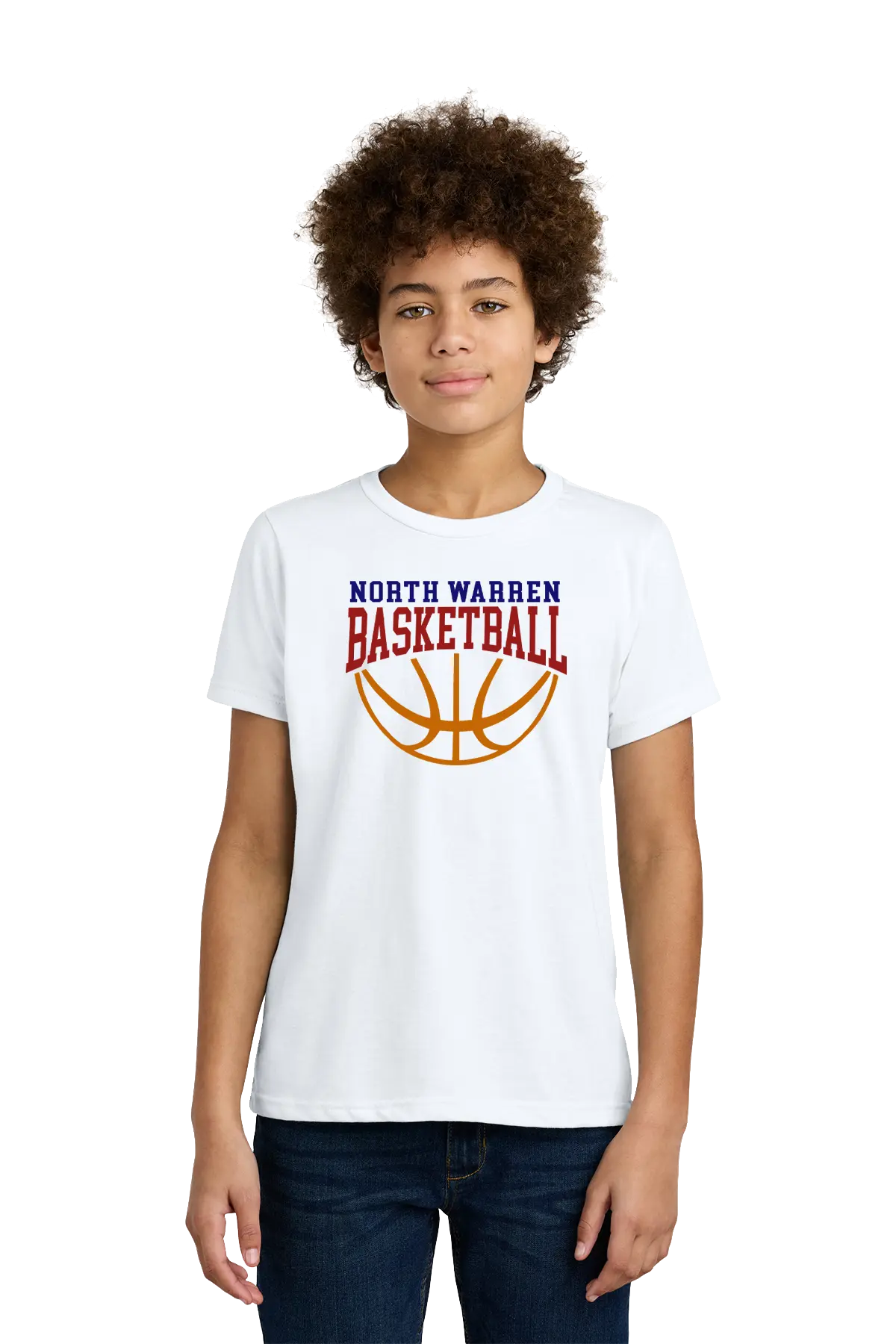 Person wearing a white t-shirt with 'North Warren Basketball' design on a white background. Paper Street Print Co, Blairstown, NJ.