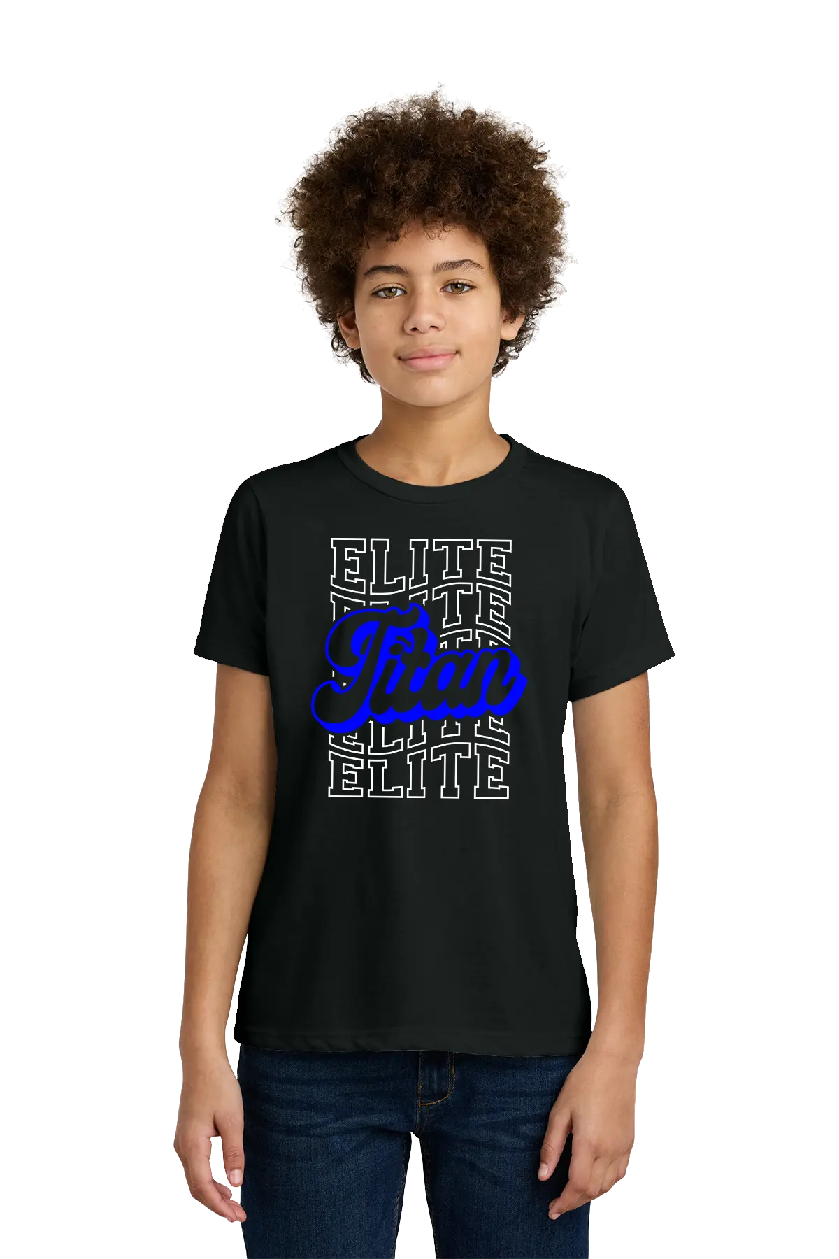Person wearing a black t-shirt with 'ELITE' and 'Blue' text design on a white background. Paper Street Print Co, Blairstown, NJ.