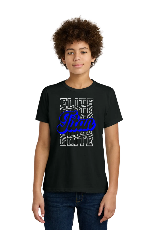Person wearing a black t-shirt with 'ELITE' and 'Blue' text design on a white background. Paper Street Print Co, Blairstown, NJ.