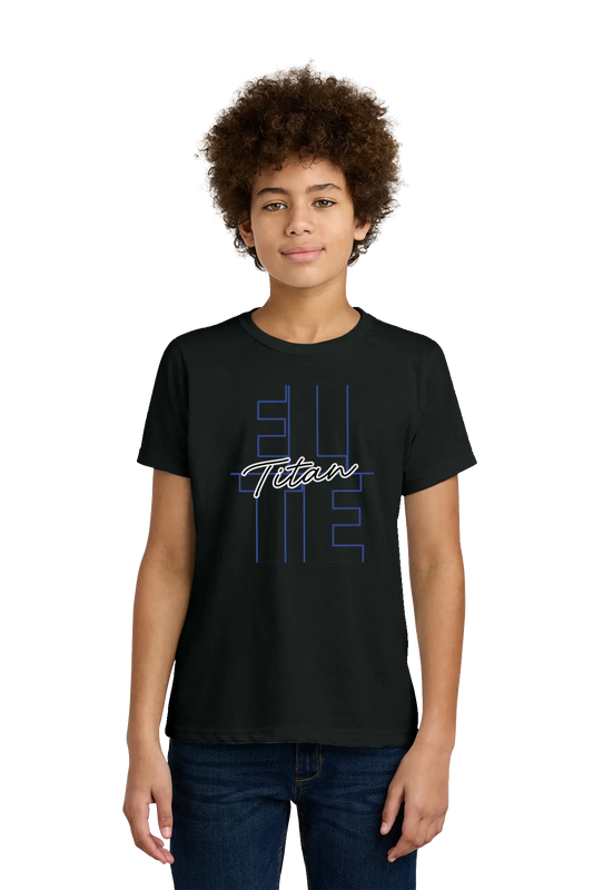 Person wearing a black t-shirt with 'Titan' printed on it against a white background. Paper Street Print Co, Blairstown, NJ.