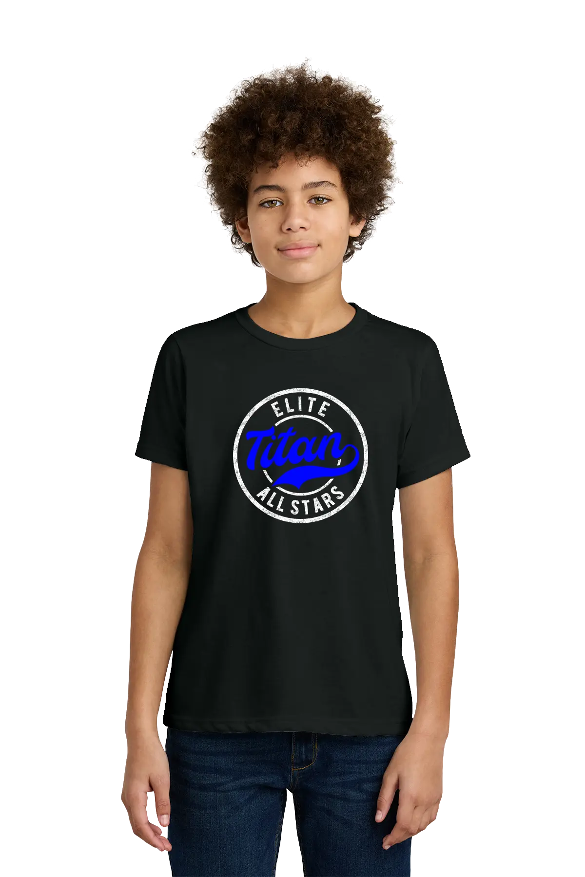 Person wearing a black t-shirt with 'Elite All Stars' logo on a white background. Paper Street Print Co, Blairstown, NJ.