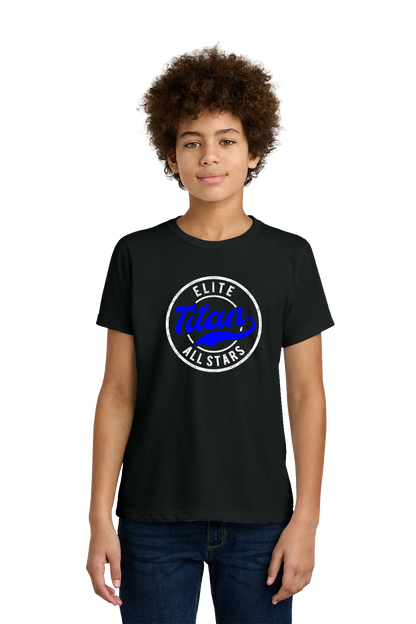 Person wearing a black t-shirt with 'Elite All Stars' logo on a white background. Paper Street Print Co, Blairstown, NJ.