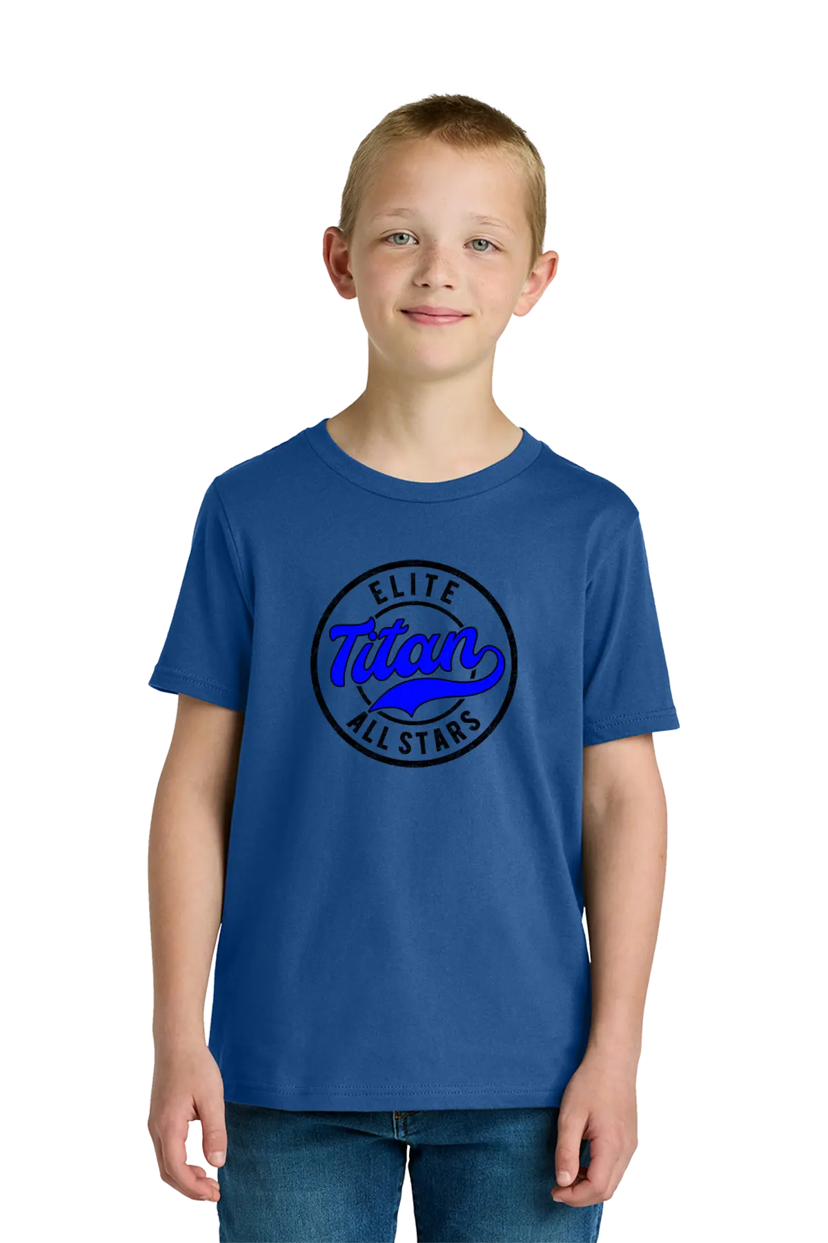 Child wearing a blue 'Elite Titan All Stars' t-shirt on a white background. Paper Street Print Co, Blairstown, NJ.