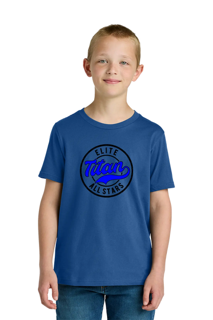 Child wearing a blue 'Elite Titan All Stars' t-shirt on a white background. Paper Street Print Co, Blairstown, NJ.
