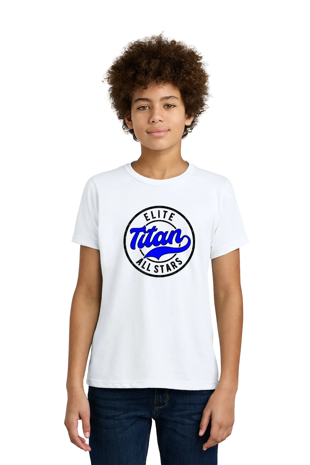 Person wearing a white t-shirt with 'Elite Titan Allstars' logo on a white background. Paper Street Print Co, Blairstown, NJ.