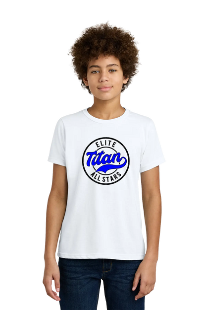 Person wearing a white t-shirt with 'Elite Titan Allstars' logo on a white background. Paper Street Print Co, Blairstown, NJ.