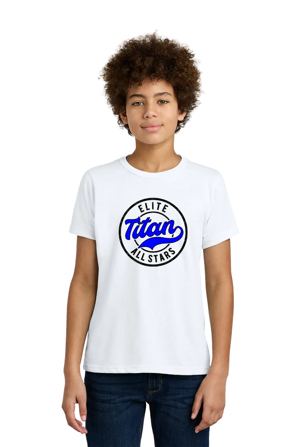 Person wearing a white t-shirt with 'Elite Titan Allstars' logo on a white background. Paper Street Print Co, Blairstown, NJ.