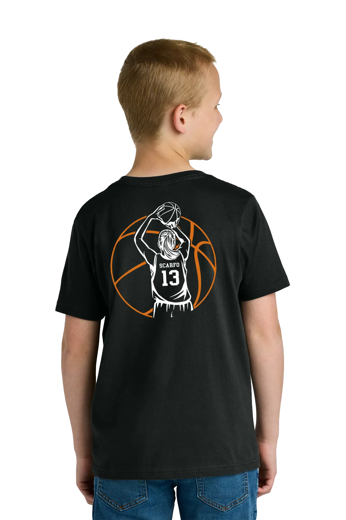 Child wearing a black t-shirt with a basketball graphic on the back. Paper Street Print Co, Blairstown, NJ.