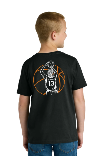 Child wearing a black t-shirt with a basketball graphic on the back. Paper Street Print Co, Blairstown, NJ.