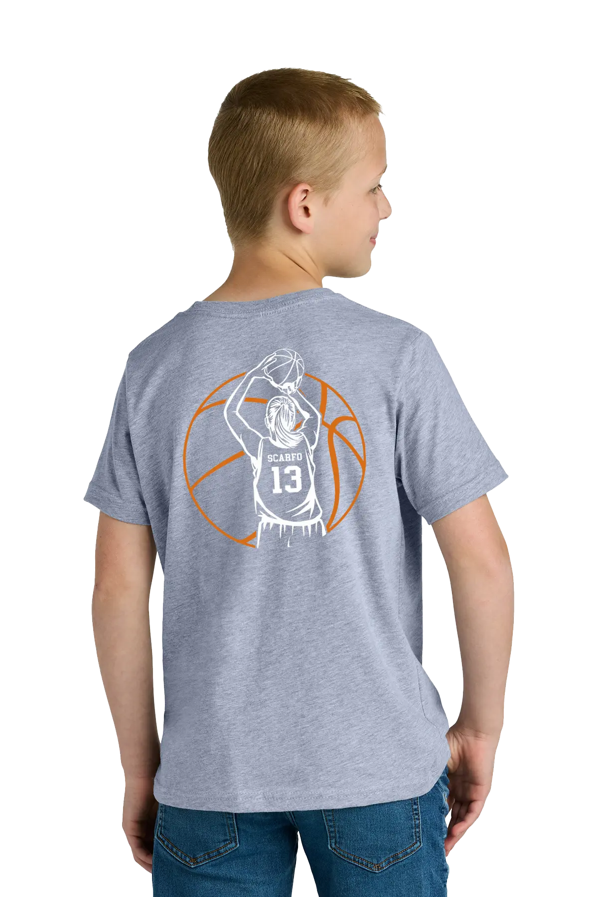 Child wearing a gray t-shirt with a basketball player graphic on the back. Paper Street Print Co, Blairstown, NJ.