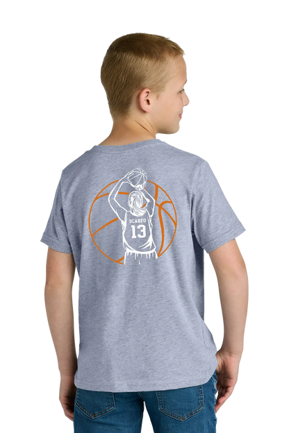 Child wearing a gray t-shirt with a basketball player graphic on the back. Paper Street Print Co, Blairstown, NJ.