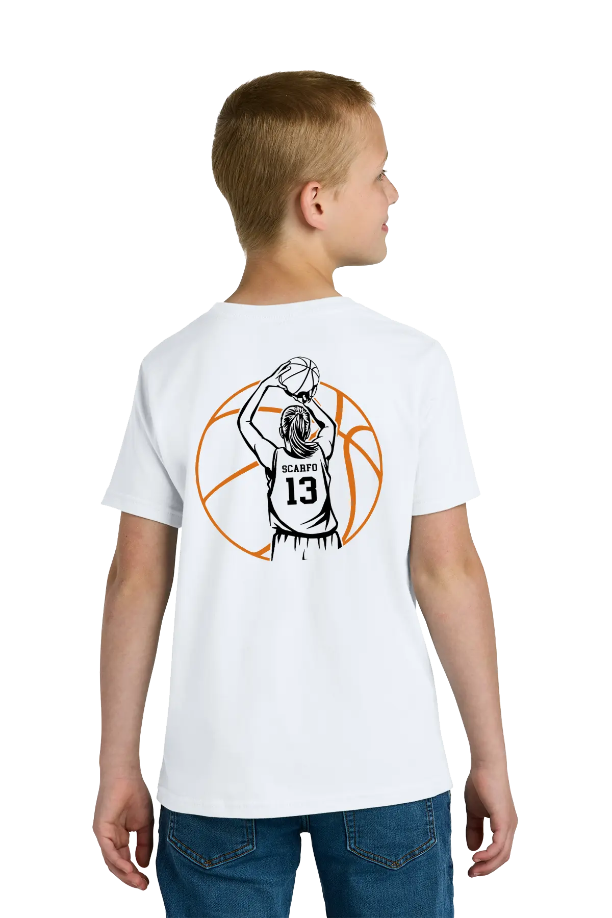 Child wearing a white t-shirt with a graphic design on the back. Paper Street Print Co, Blairstown, NJ.