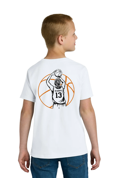 Child wearing a white t-shirt with a graphic design on the back. Paper Street Print Co, Blairstown, NJ.