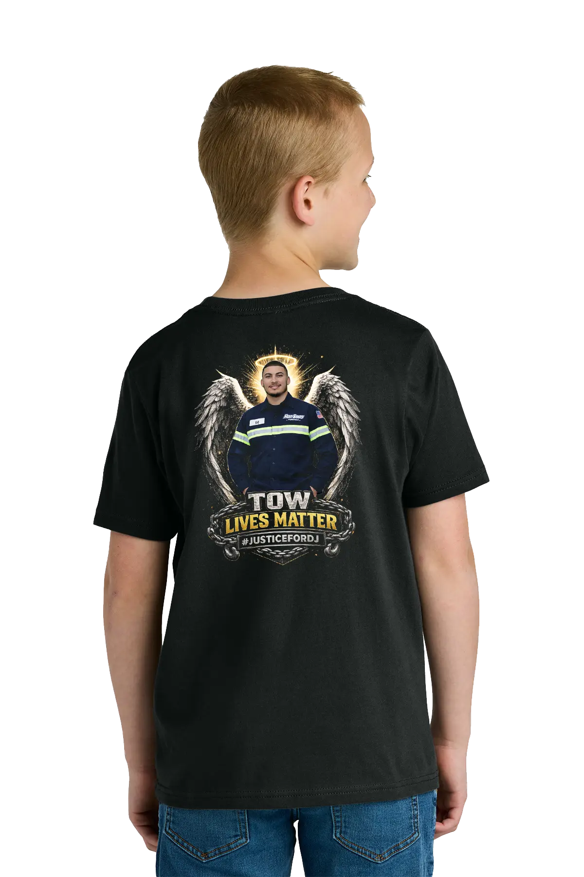 Child wearing a black t-shirt with a graphic design on the back, standing against a white background. #JusticeforDJ - Paper Street Print Co, Blairstown, NJ.